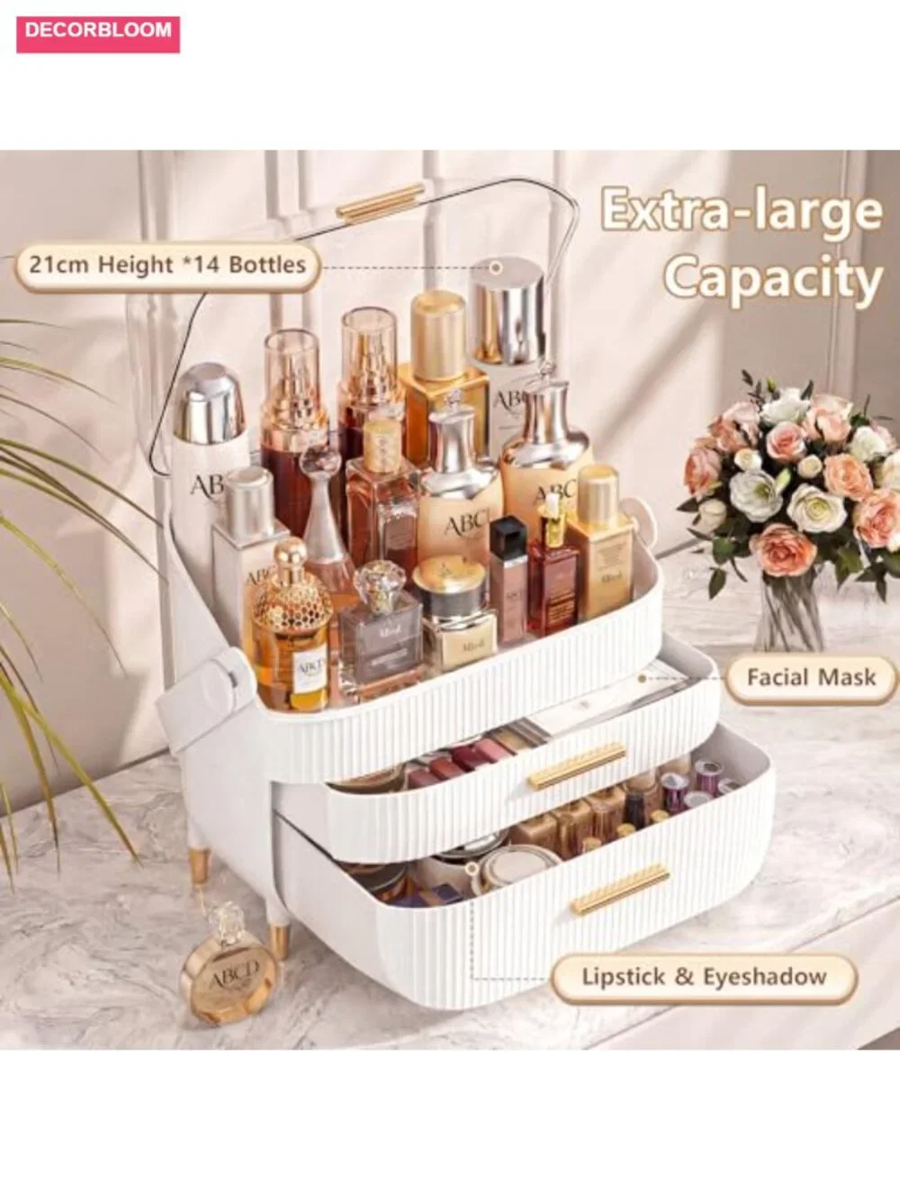 Makeup Organizer - Skincare Organizer with Transparent Cover, 3-Layer Cosmetic